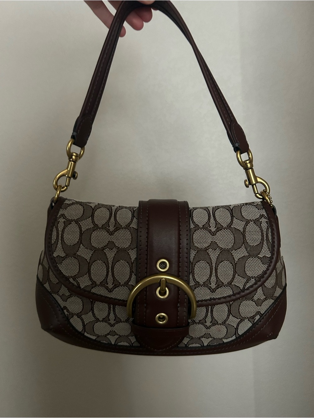Coach Brown Signature Jacquard Shoulder Bag with Gold Hardware